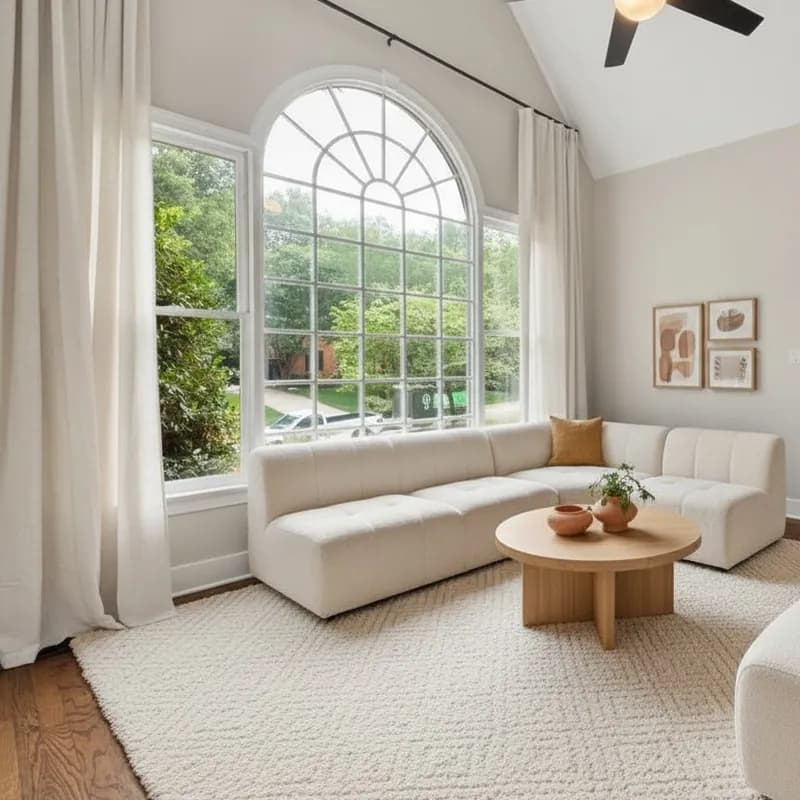 After: the living room virtually staged in the Warm Minimalist style — a cream sectional, a round wood coffee table, a cream rug and three framed prints by the arched window.