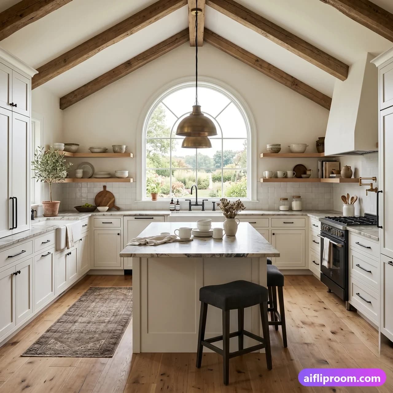 Modern farmhouse interior design — 2025 update with black metal accents, AI-generated kitchen