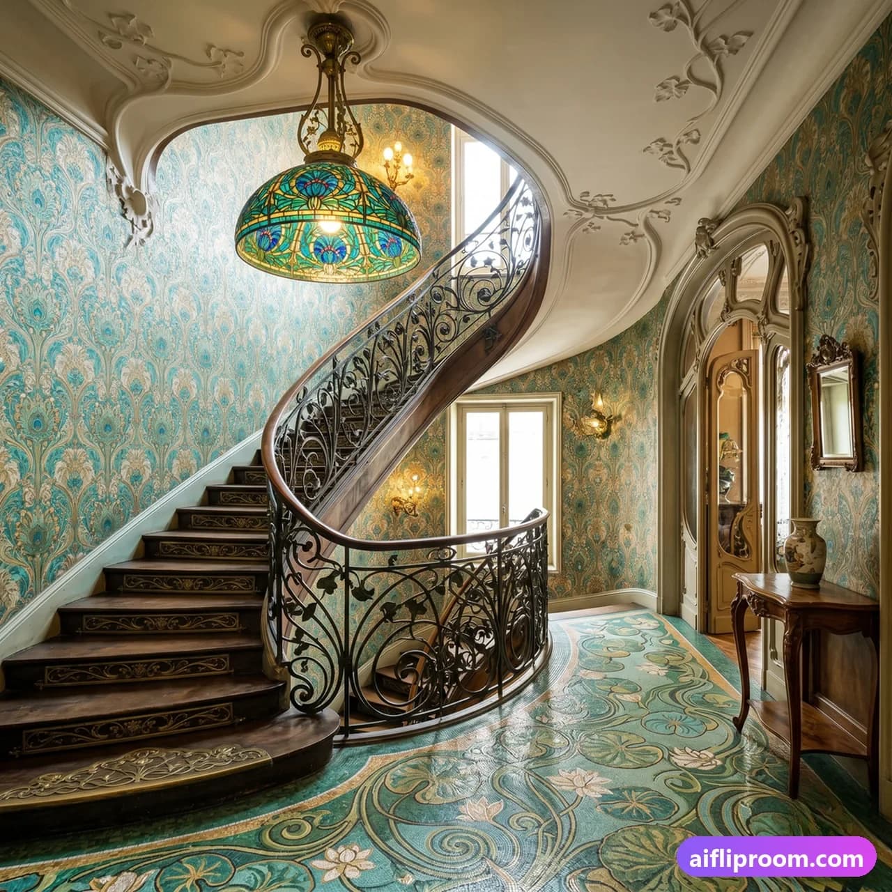 Art Nouveau interior design — sinuous lines and Tiffany glass, AI-generated period room