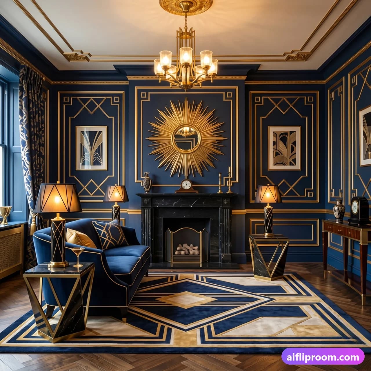 Art Deco interior design — geometric patterns and metallic finishes, AI-generated 1920s glamour