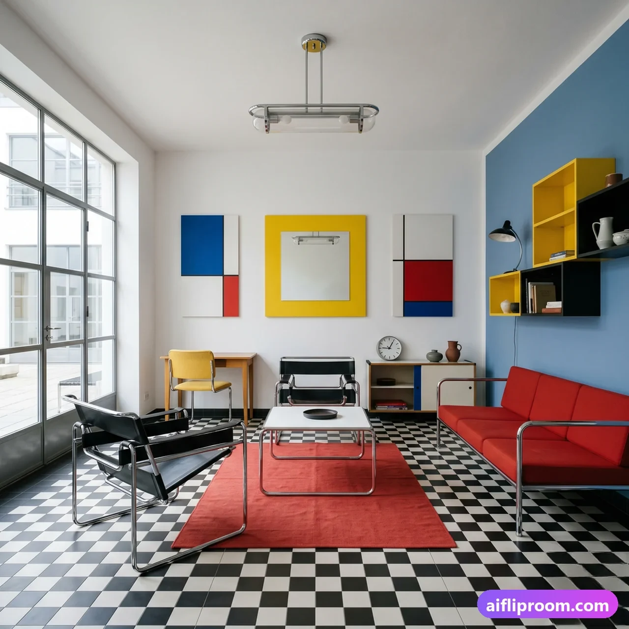 Bauhaus interior design — primary colors and geometric forms, AI-generated 1920s German modernism
