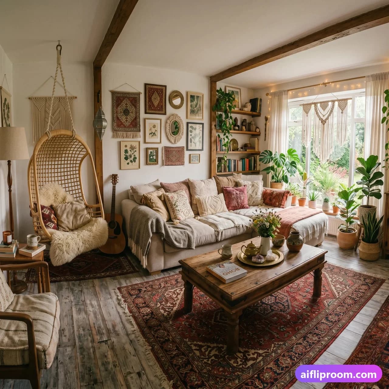Bohemian interior design — colorful textiles and eclectic decor, AI-generated boho room