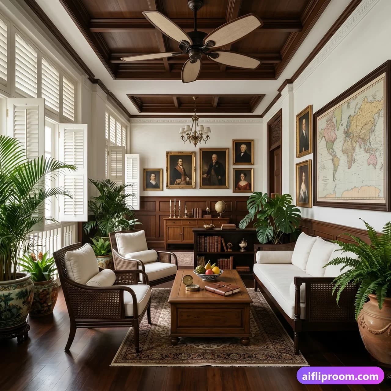British colonial interior design — teak rattan and plantation shutters, AI-generated colonial room