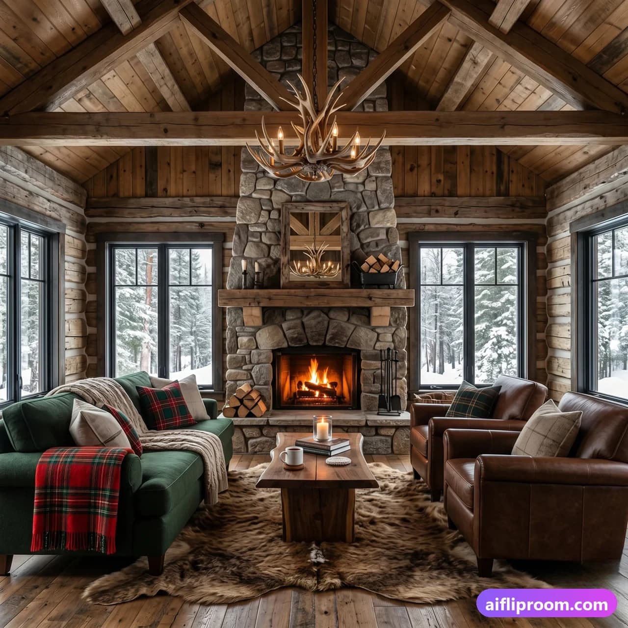Canadian cabin interior design — Nordic lodge with timber beams, AI-generated mountain-chalet room