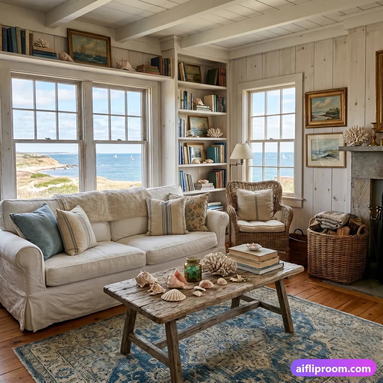 Coastal grandmother interior design — Nantucket cottage style, AI-generated seaside room
