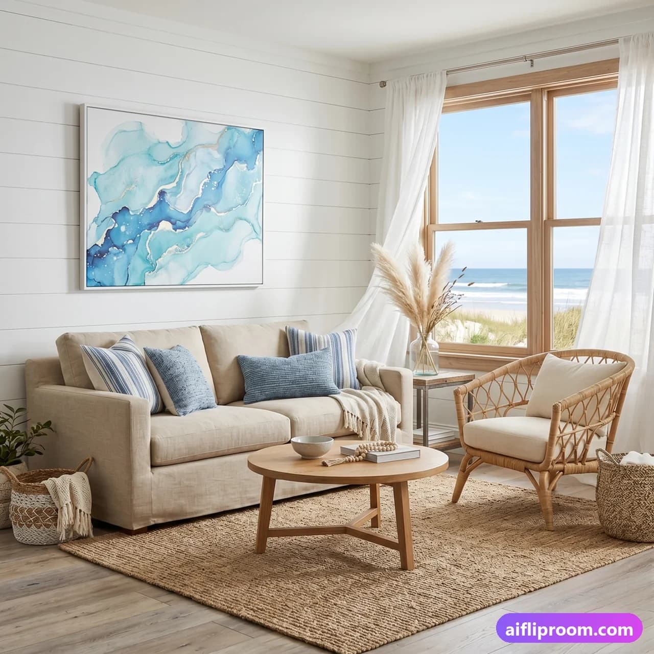 Coastal Coastal interior design — beach-inspired light blue and white palette, AI-generated room