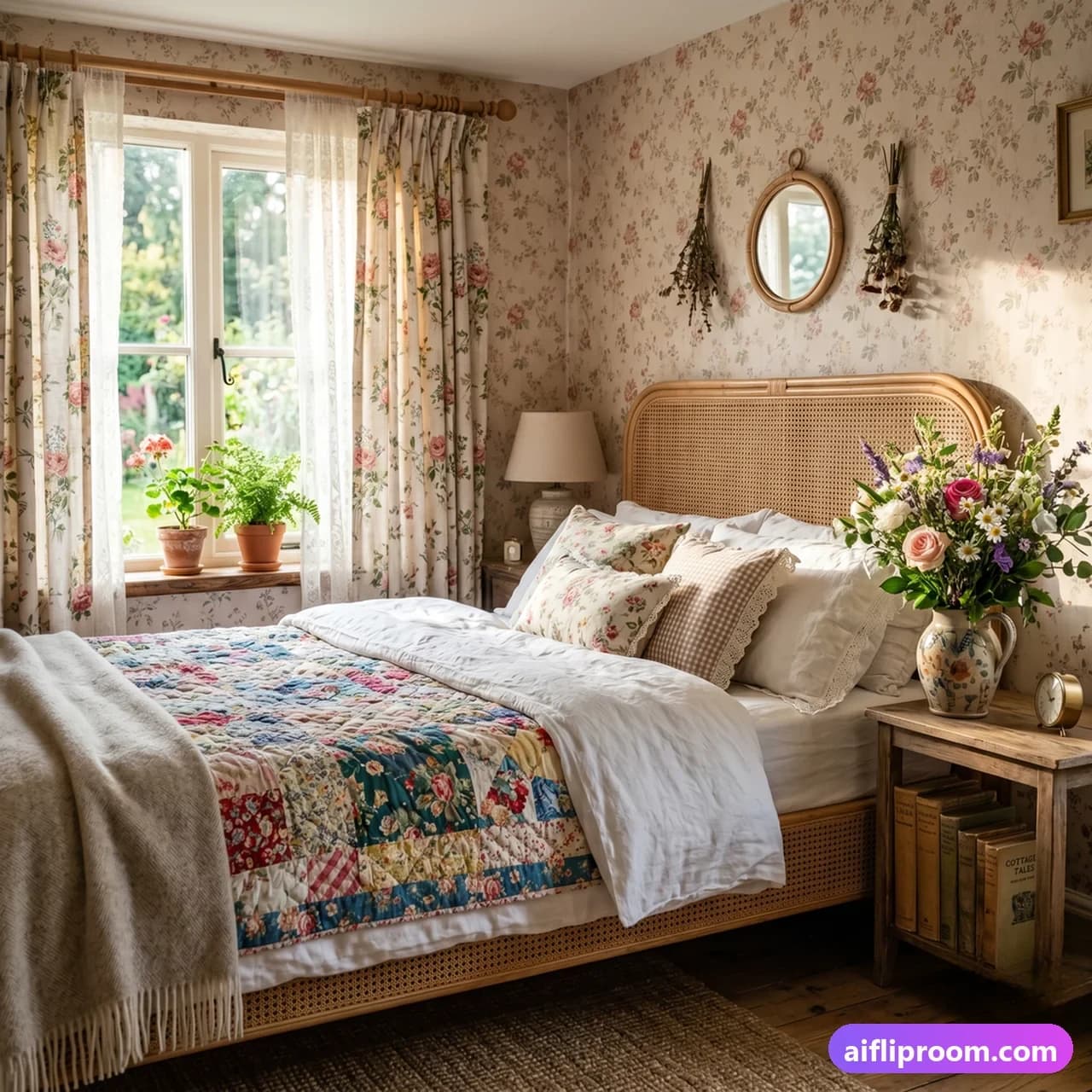 Cottagecore Cottagecore interior design — linen curtains and wildflowers, AI-generated countryside cottage