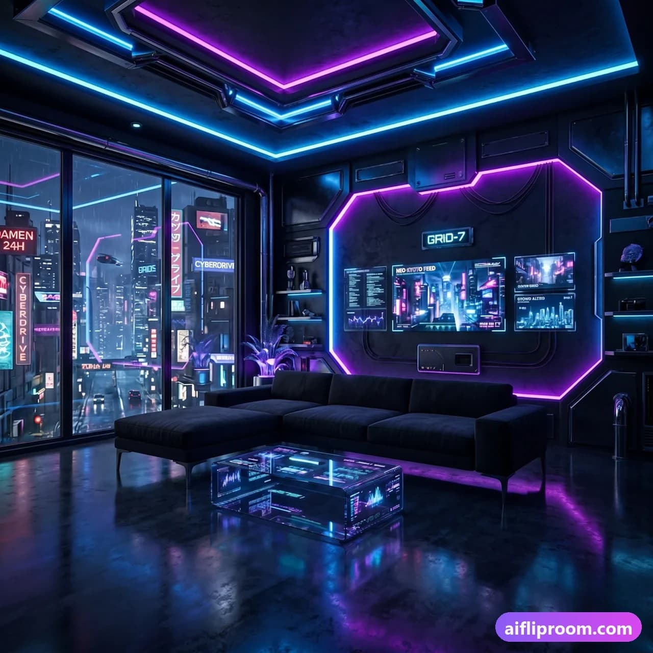 Cyberpunk interior design — neon LED and dark futuristic furniture, AI-generated sci-fi room