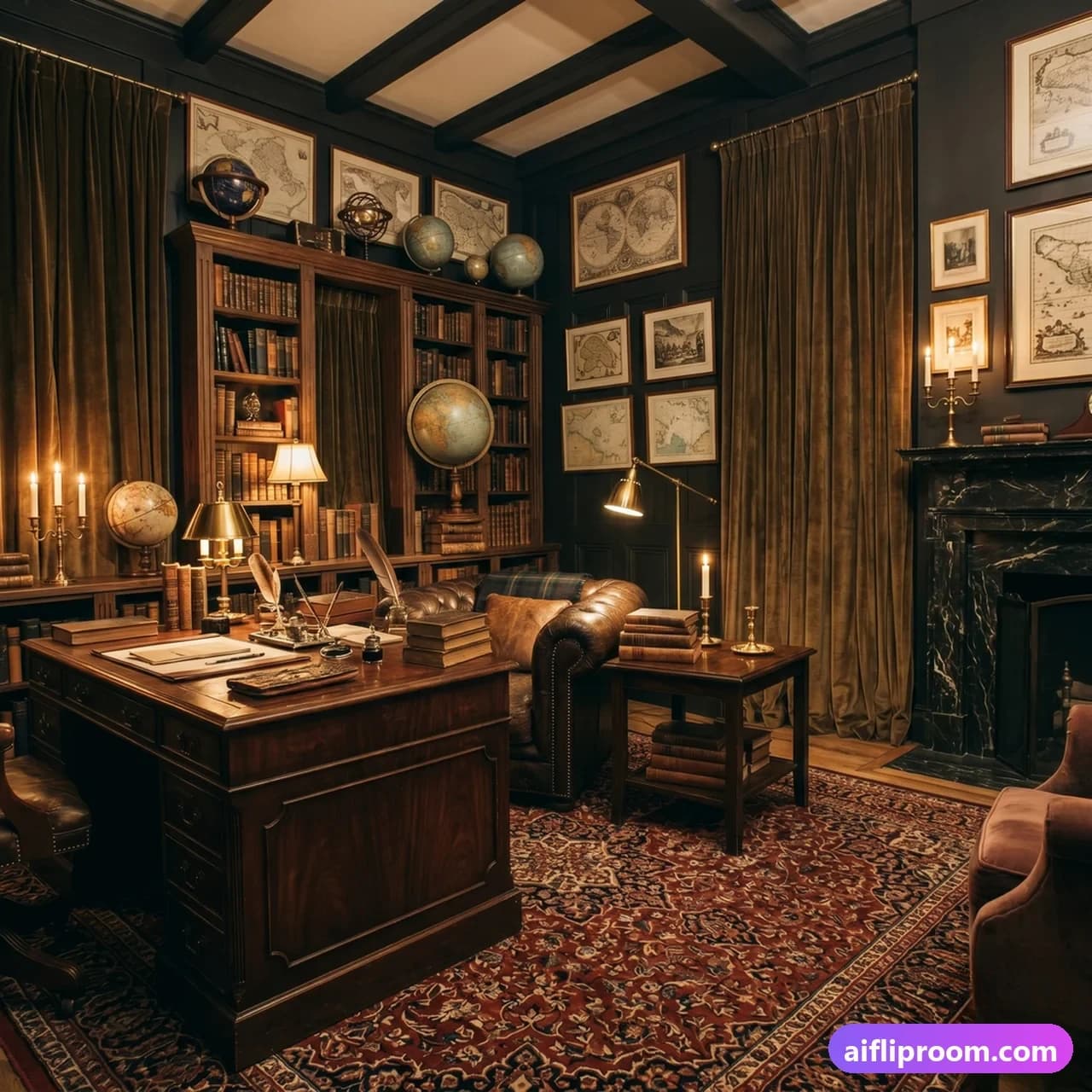 Dark Academia interior design — dark wood library and leather chair, AI-generated study