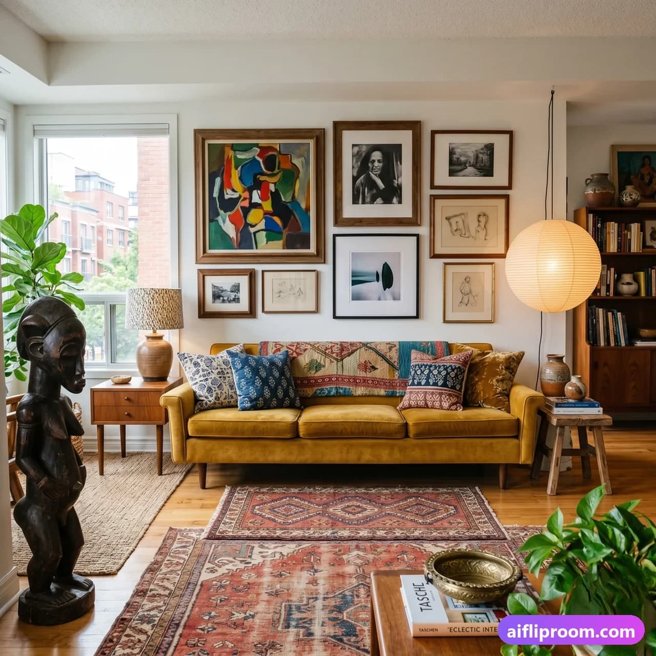 Eclectic interior design — curated mix of patterns and eras, AI-generated artful room