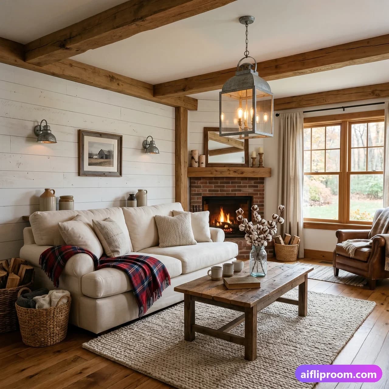 Farmhouse interior design — shiplap walls and rustic wood, AI-generated cottage-style room