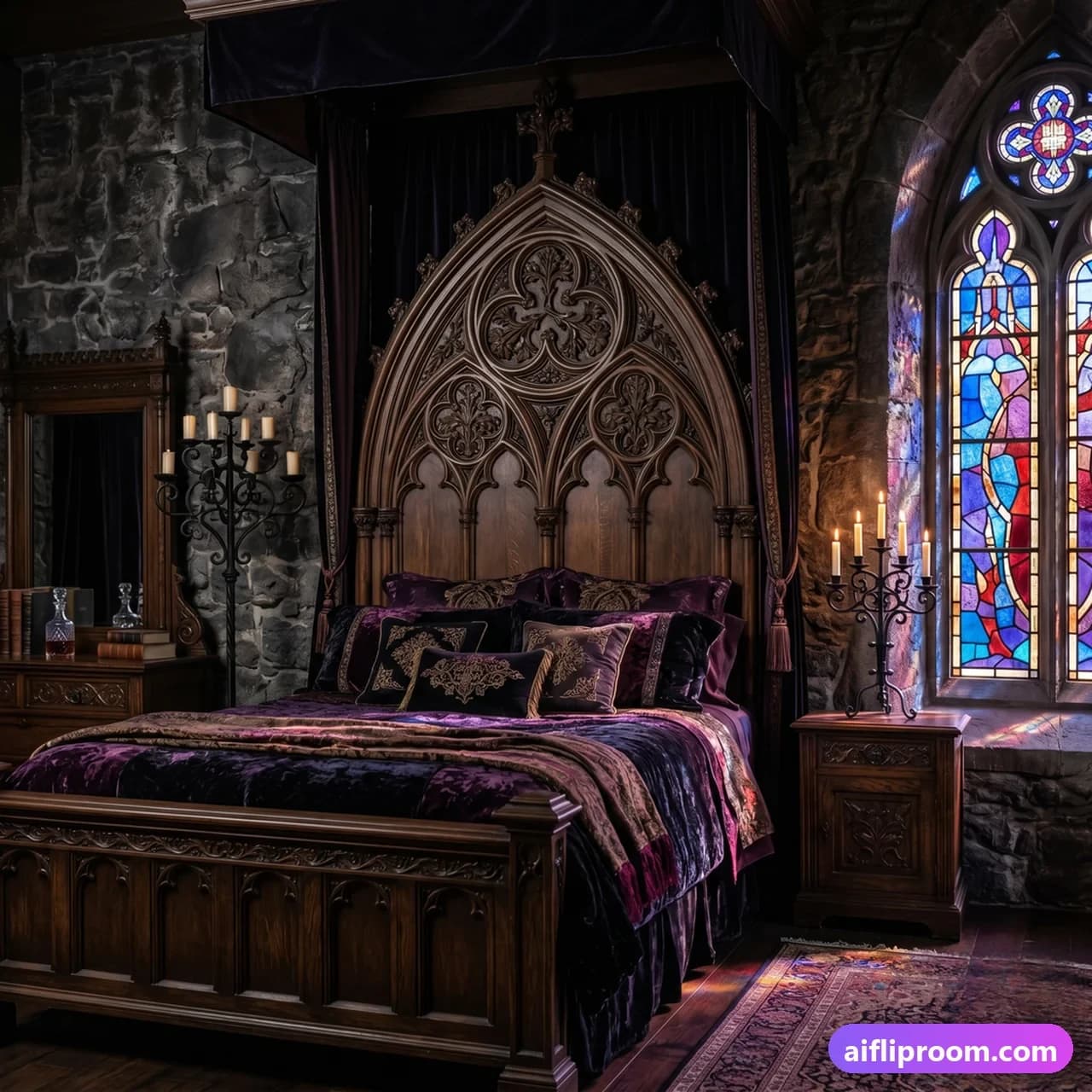 Gothic Revival interior design — pointed arches and stained glass, AI-generated medieval-mood bedroom