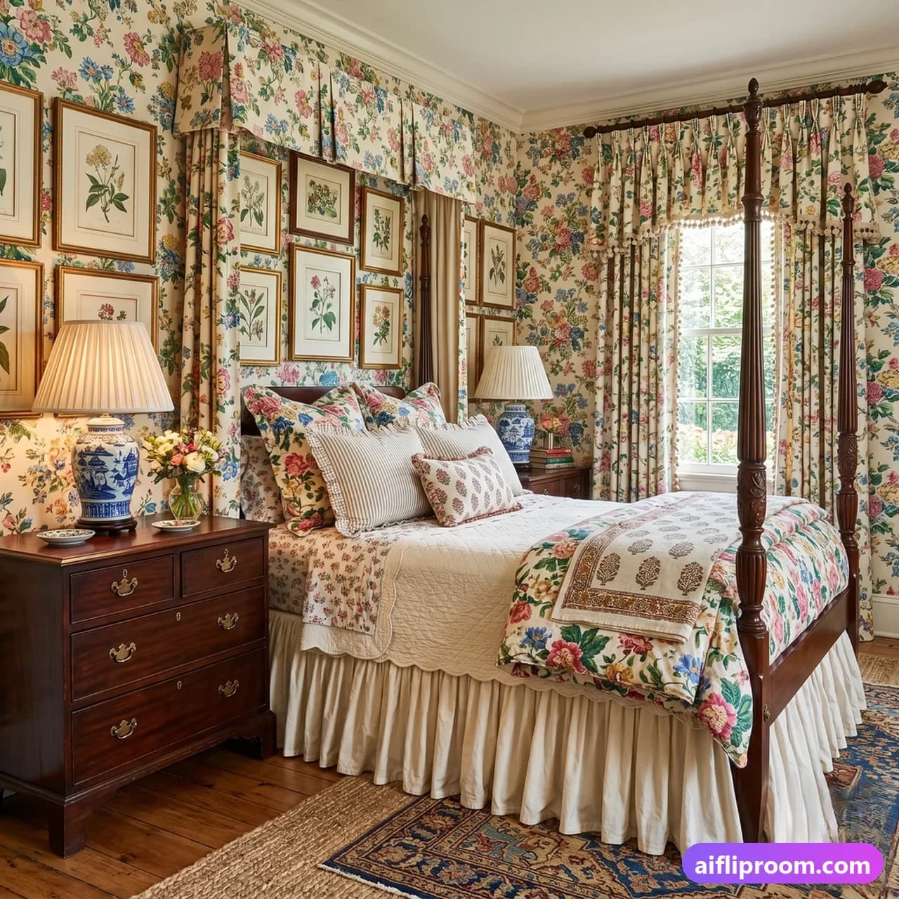 Grandmillennial interior design — granny chic floral patterns, AI-generated nostalgic room
