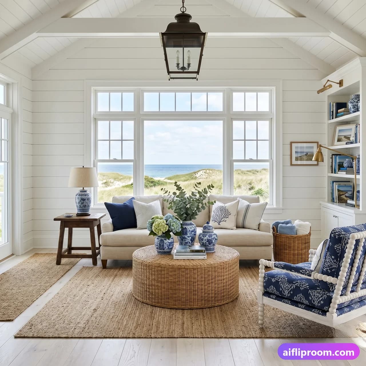 Hamptons Hamptons interior design — coastal luxury with navy and white, AI-generated upscale beach-house room