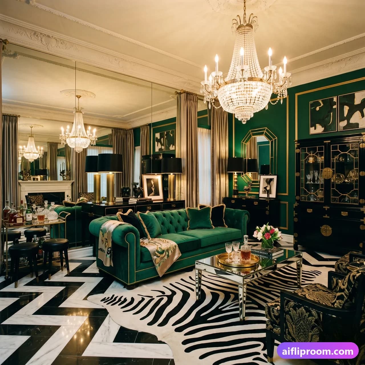 Hollywood Regency Hollywood Regency interior design — mirrors and velvet glamour, AI-generated luxe room