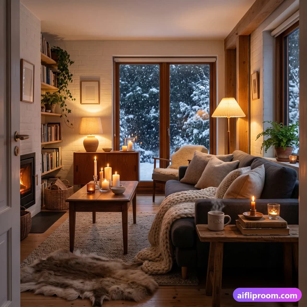 Hygge interior design — Danish cozy candles and knit blankets, AI-generated warm room