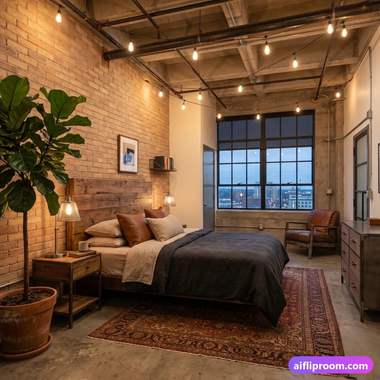 Industrial chic interior design — softened industrial with leather and wood, AI-generated loft bedroom