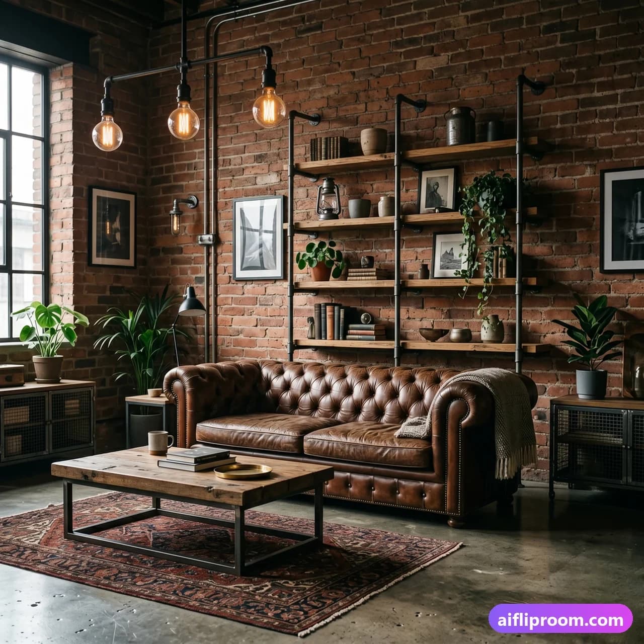 Industrial Industrial interior design — exposed brick and concrete loft style, AI-generated room visualization