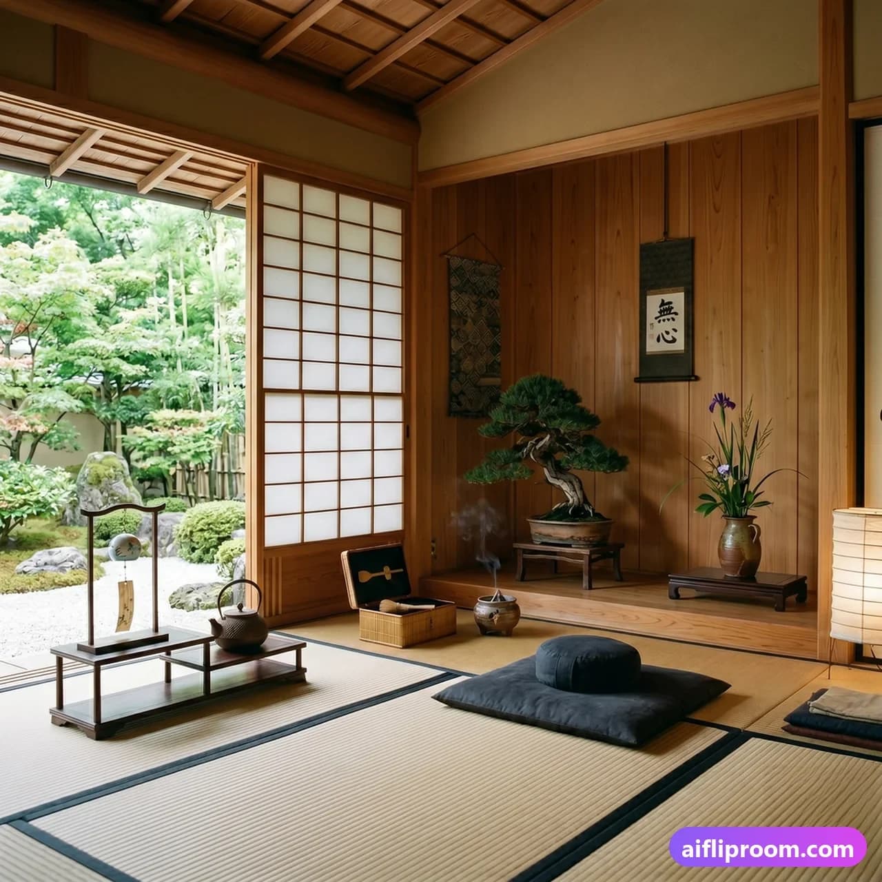 Japanese Zen interior design — tatami and shoji screens, AI-generated meditation room
