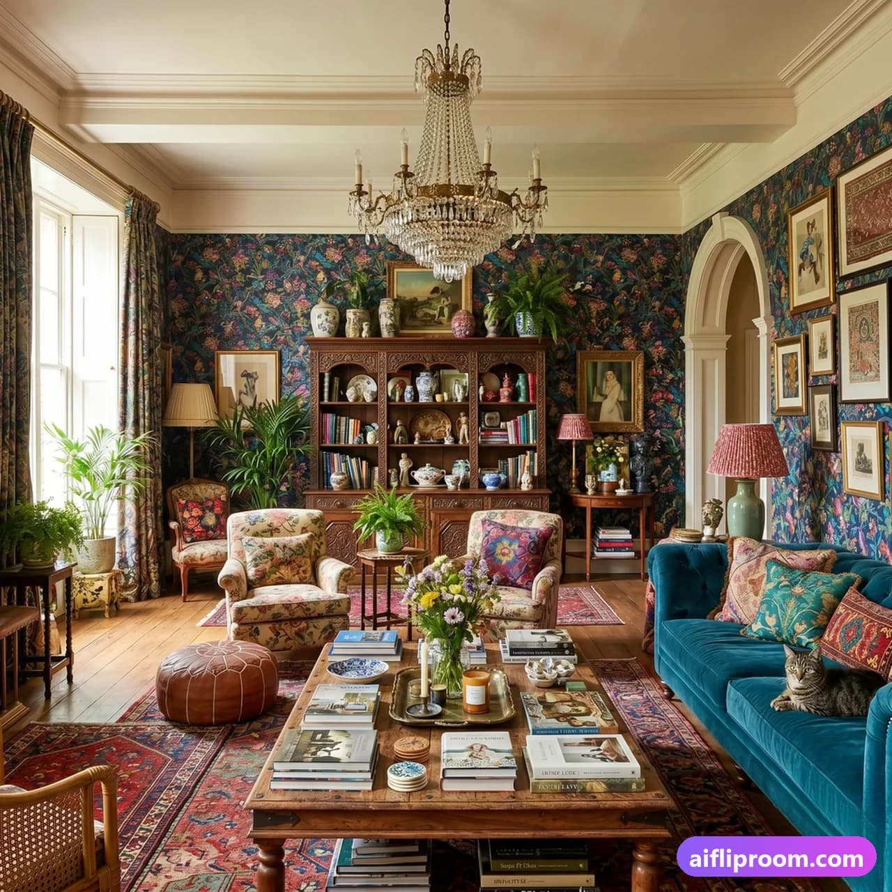 Maximalist interior design — layered patterns and rich colors, AI-generated bold room
