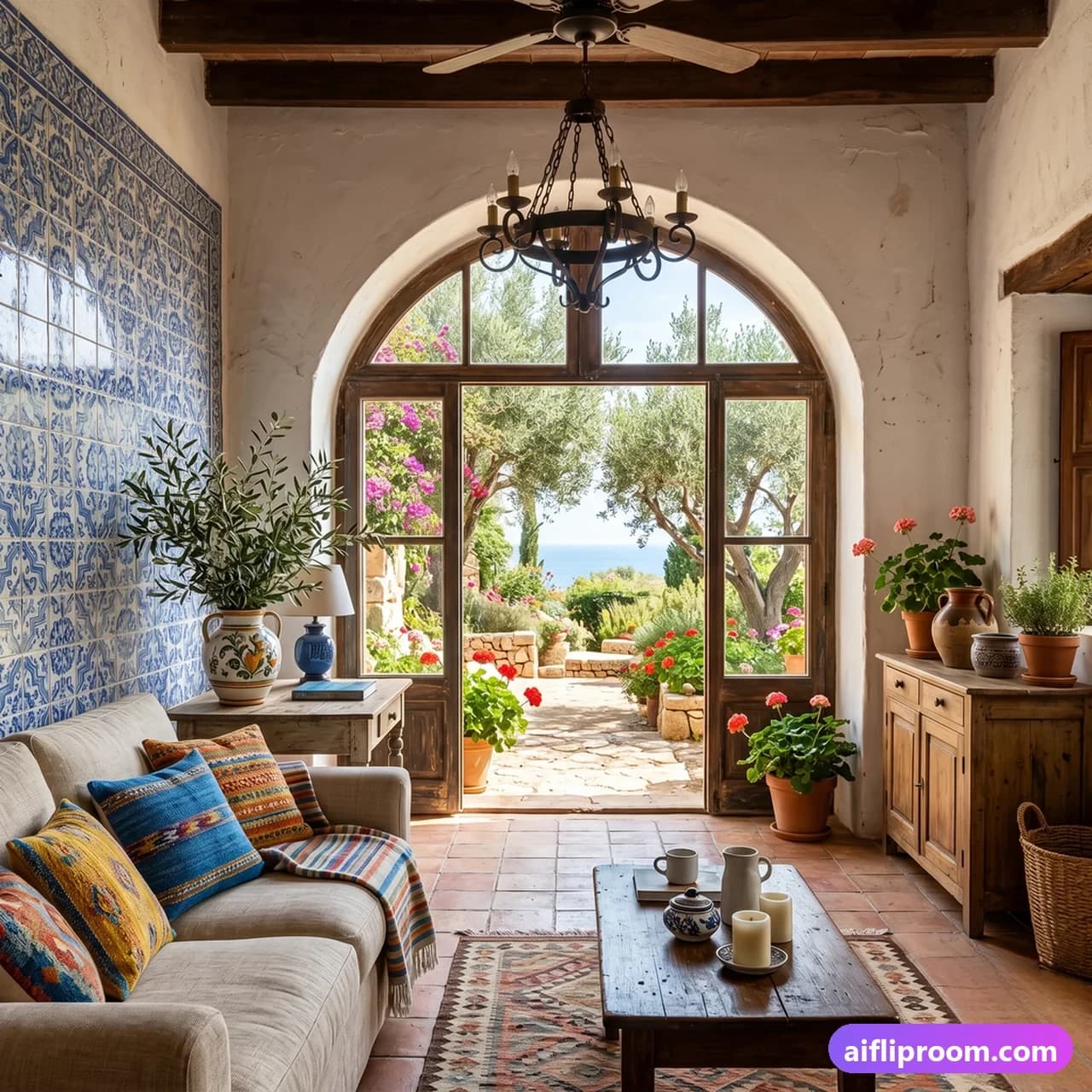 Mediterranean Mediterranean interior design — terracotta tiles and arched windows, AI-generated villa room