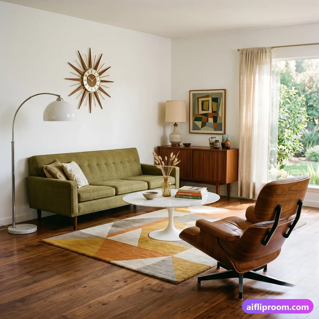 Mid-Century Mid-century modern interior design — teak wood and retro furniture, AI-generated room visualization