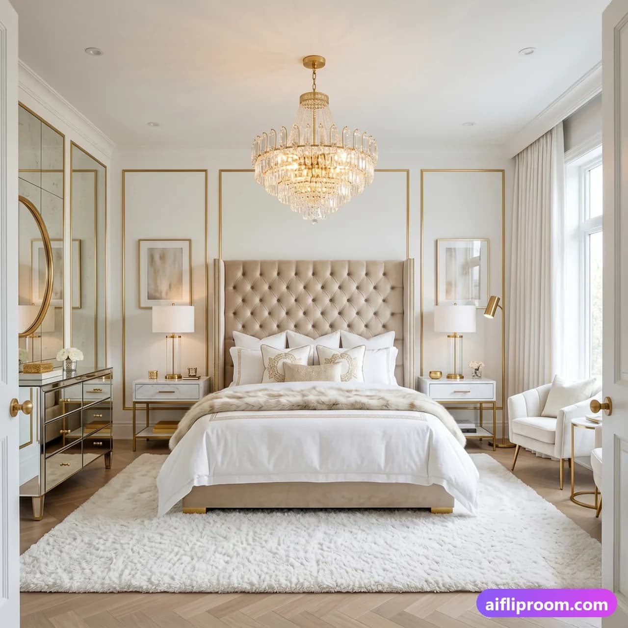 Modern glam interior design — white and gold feminine luxury, AI-generated bedroom