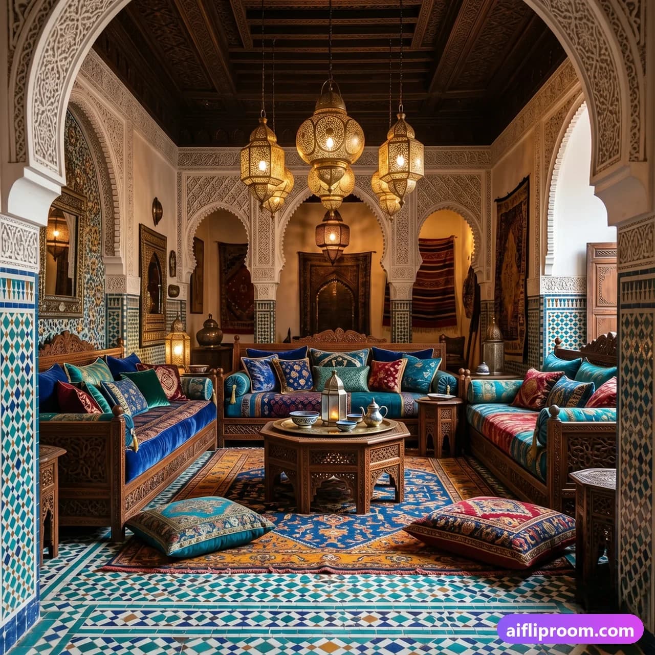 Moroccan interior design — zellige tiles and brass lanterns, AI-generated exotic room
