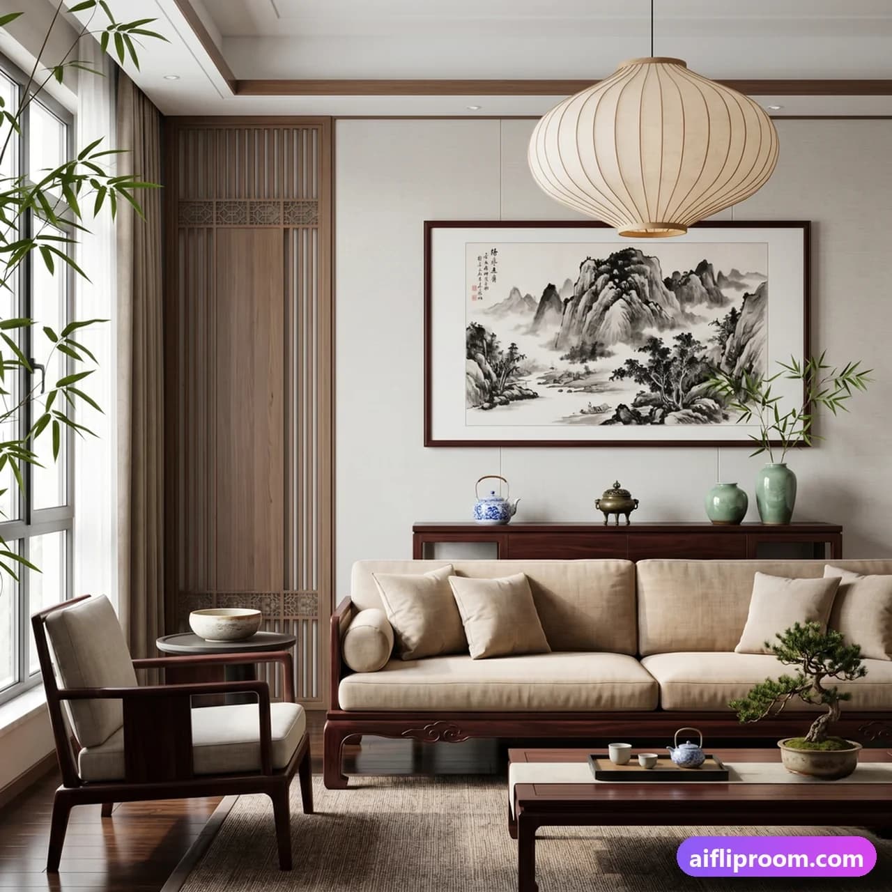 New Chinese interior design — modern Chinese Xinzhongshi style, AI-generated Asian luxury room