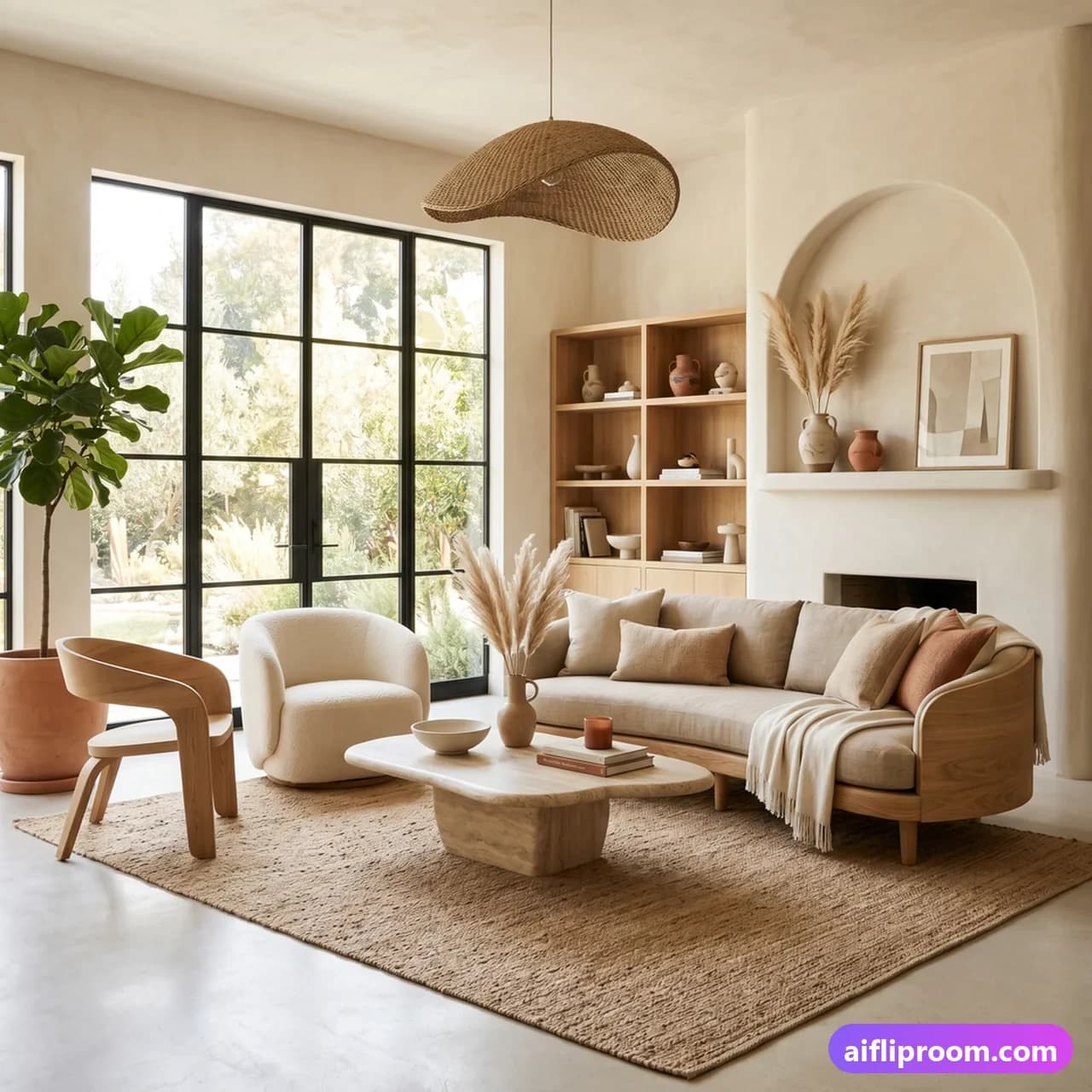 Organic Modern Organic modern interior design — sculptural forms and natural materials, AI-generated room