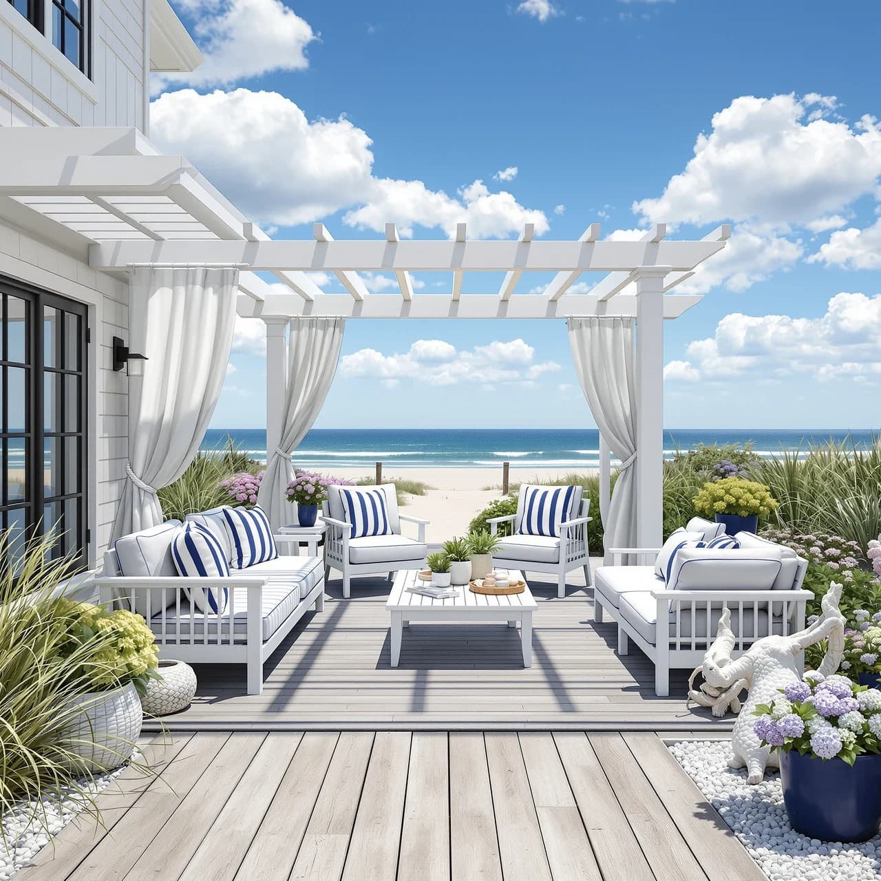 Coastal outdoor backyard design — weathered teak and coastal plants, AI-generated outdoor staging