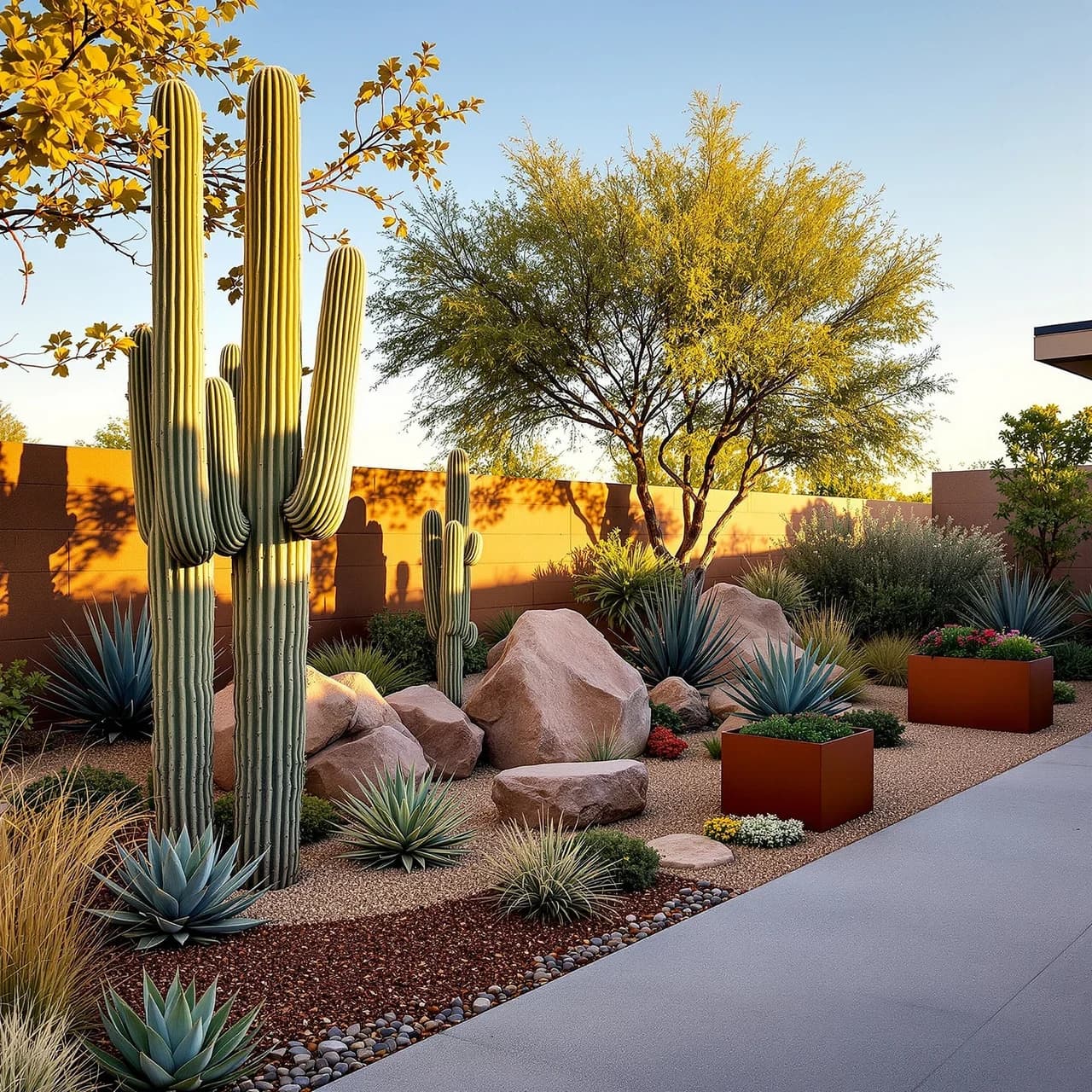 Desert xeriscape design — saguaros and agave, AI-generated outdoor staging
