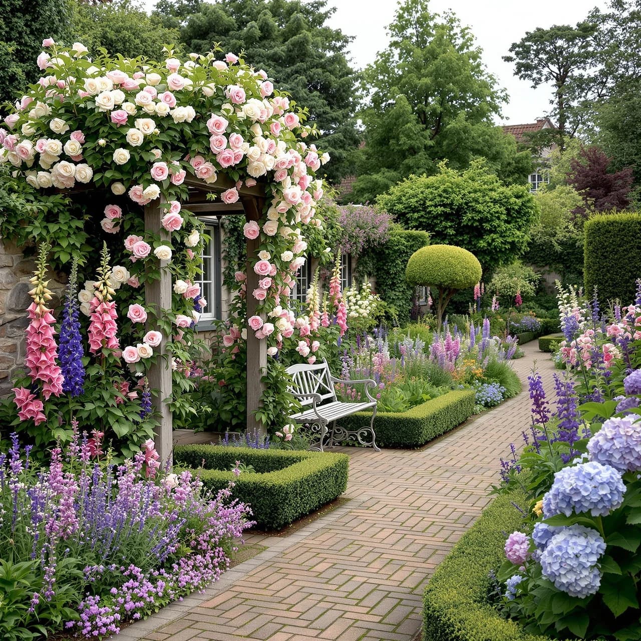 English cottage garden design — abundant blooms and arbor, AI-generated outdoor staging