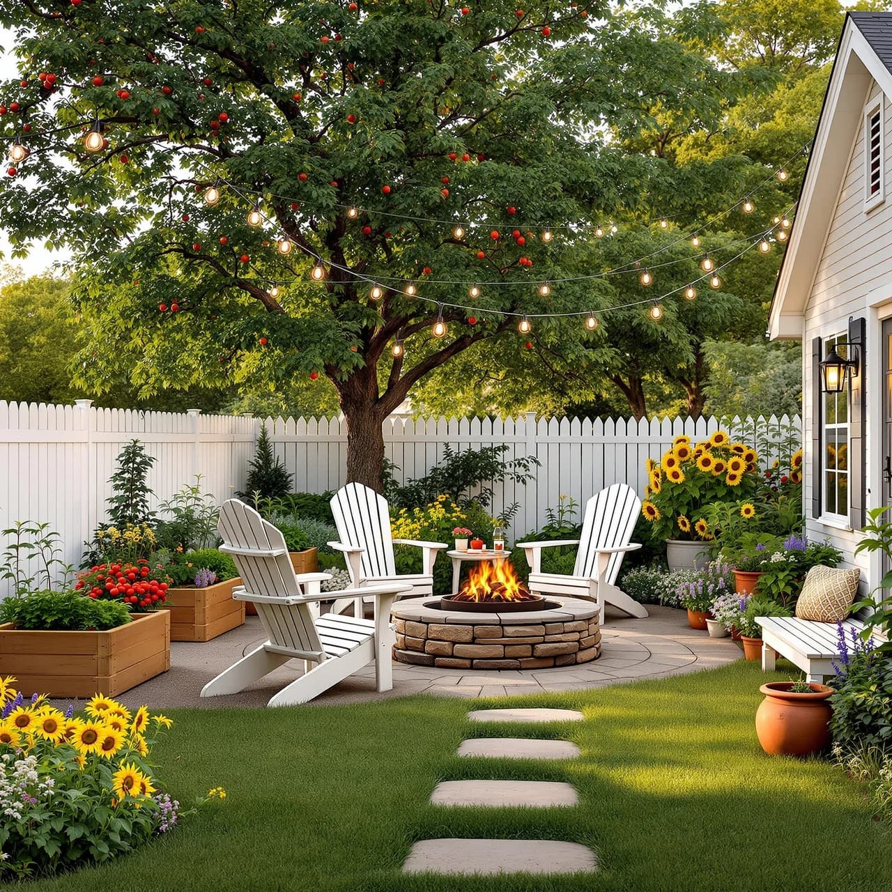Farmhouse outdoor backyard design — picket fence and raised beds, AI-generated outdoor staging
