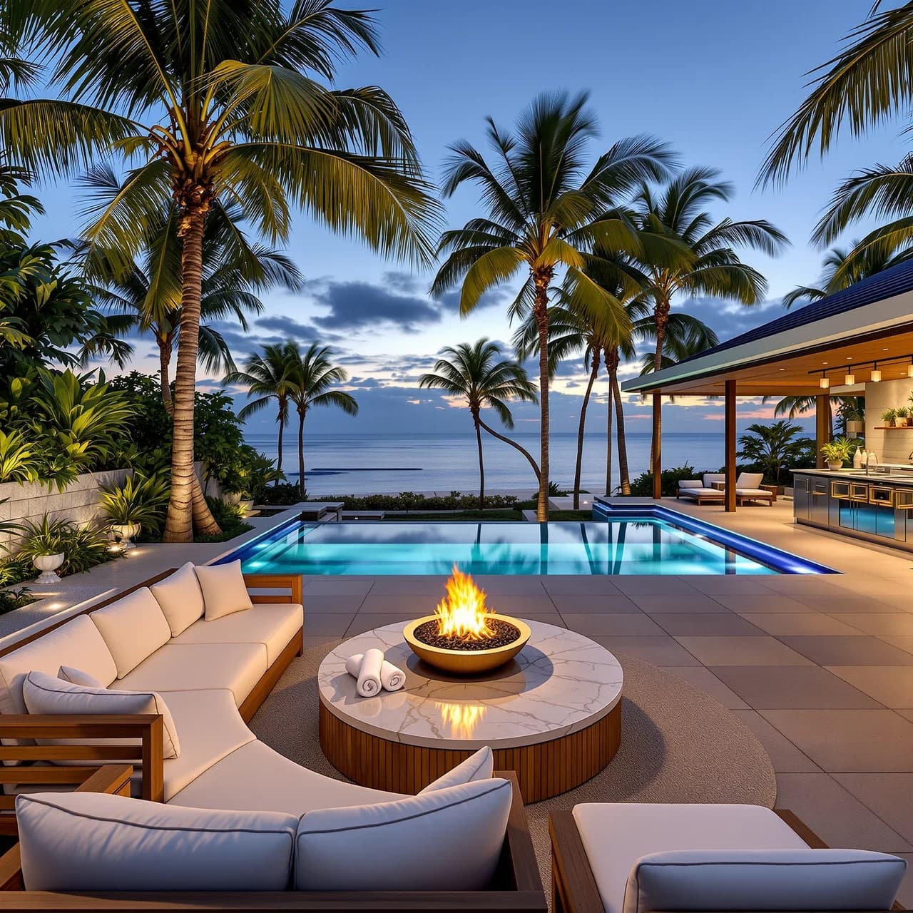 Luxury resort outdoor design — teak sectionals and fire pit, AI-generated outdoor staging