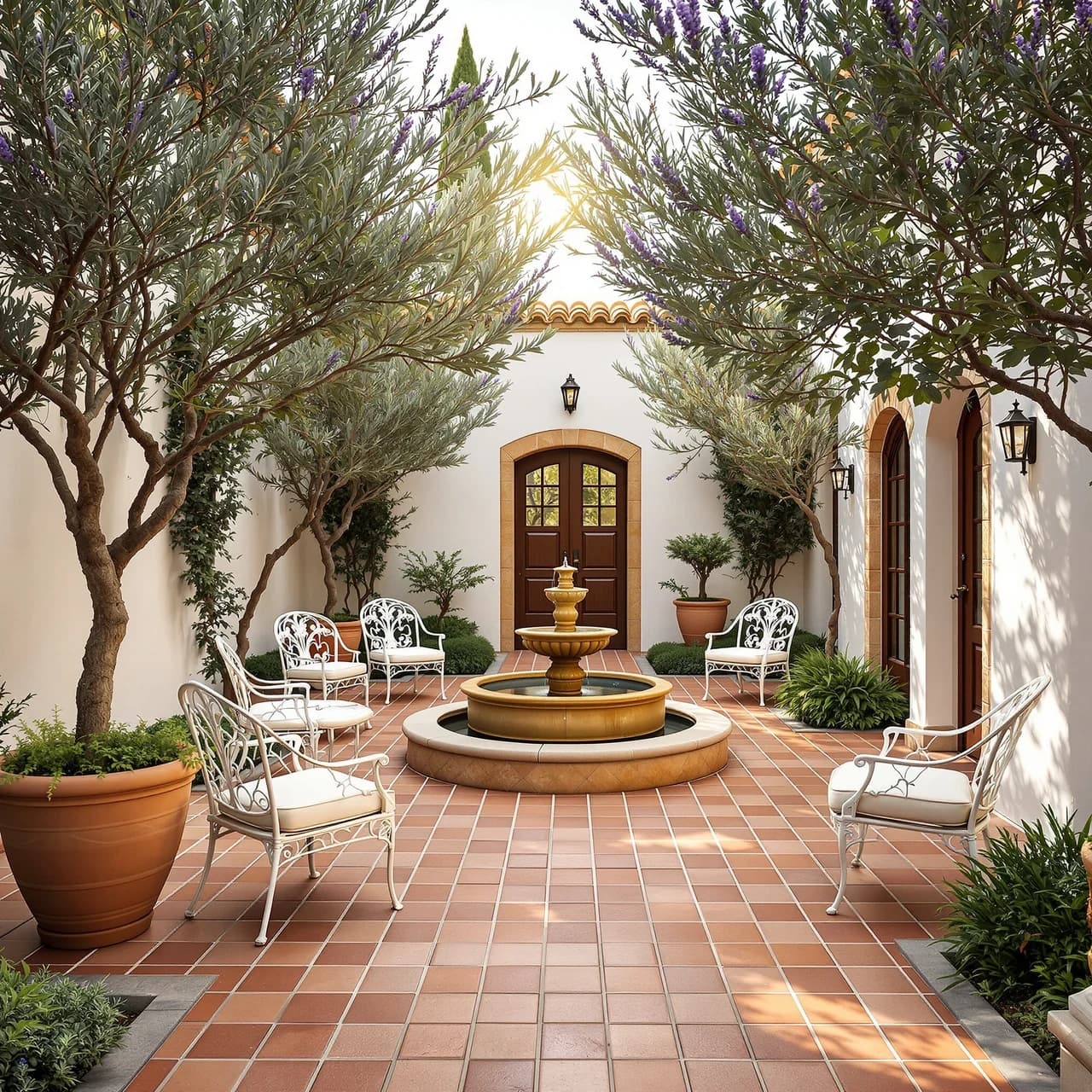 Mediterranean outdoor courtyard design — terracotta and olive trees, AI-generated outdoor staging