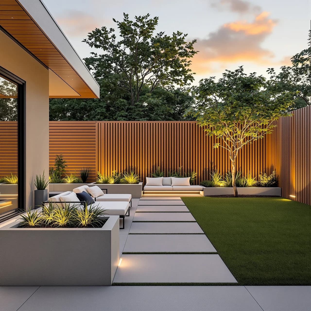 Modern outdoor backyard design — geometric planters and minimalist furniture, AI-generated outdoor staging