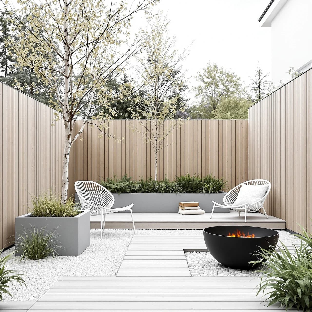 Scandinavian minimalist outdoor design — pale wood deck and birch, AI-generated outdoor staging