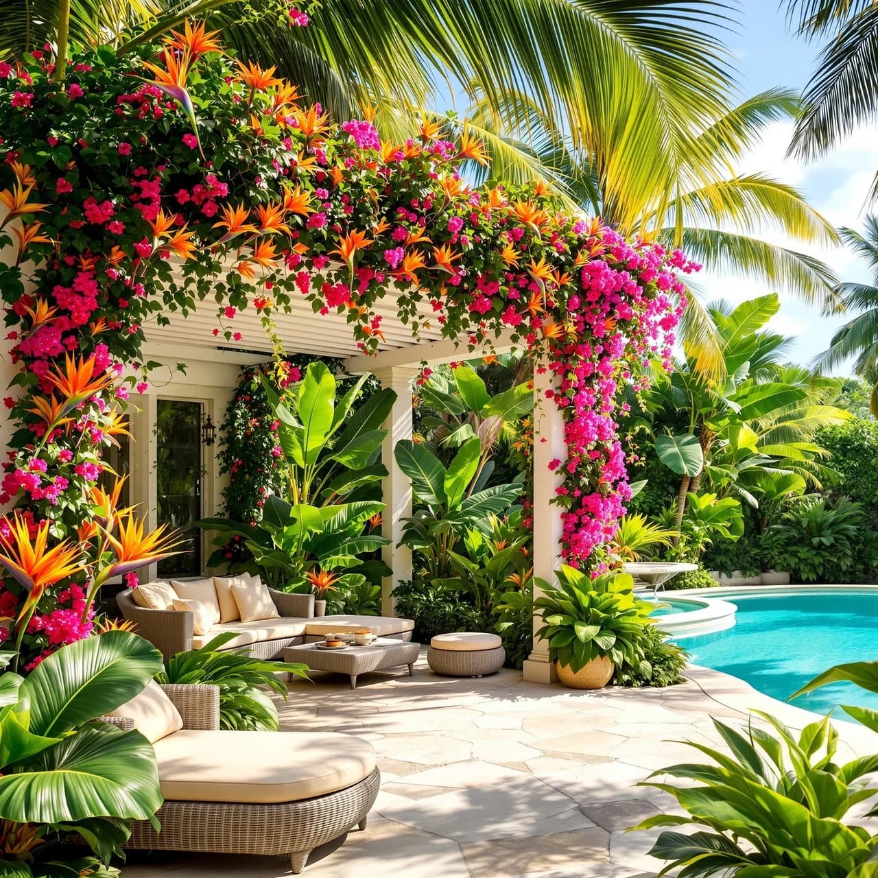 Tropical outdoor backyard design — palms and lush foliage, AI-generated outdoor staging