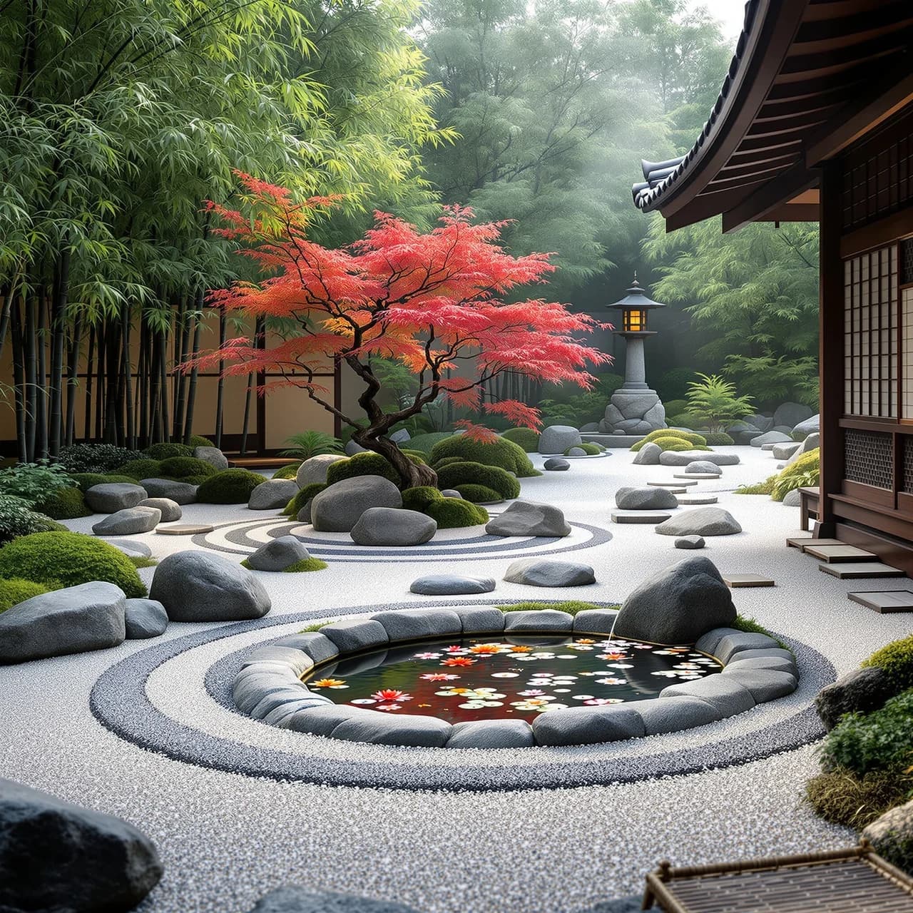 Japanese Zen garden design — raked gravel and bamboo, AI-generated outdoor staging