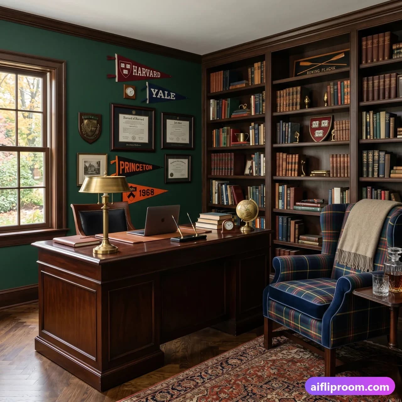 Preppy Ivy League interior design — hunter green and mahogany, AI-generated old-money study
