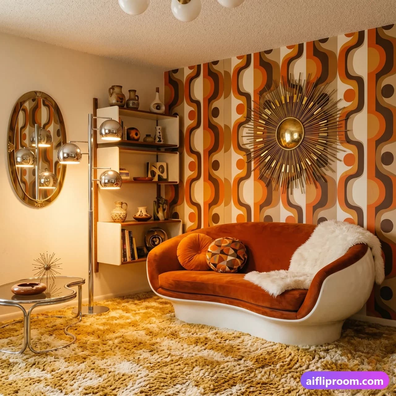 Retrofuturism interior design — 1970s space age aesthetic, AI-generated retro-futuristic room