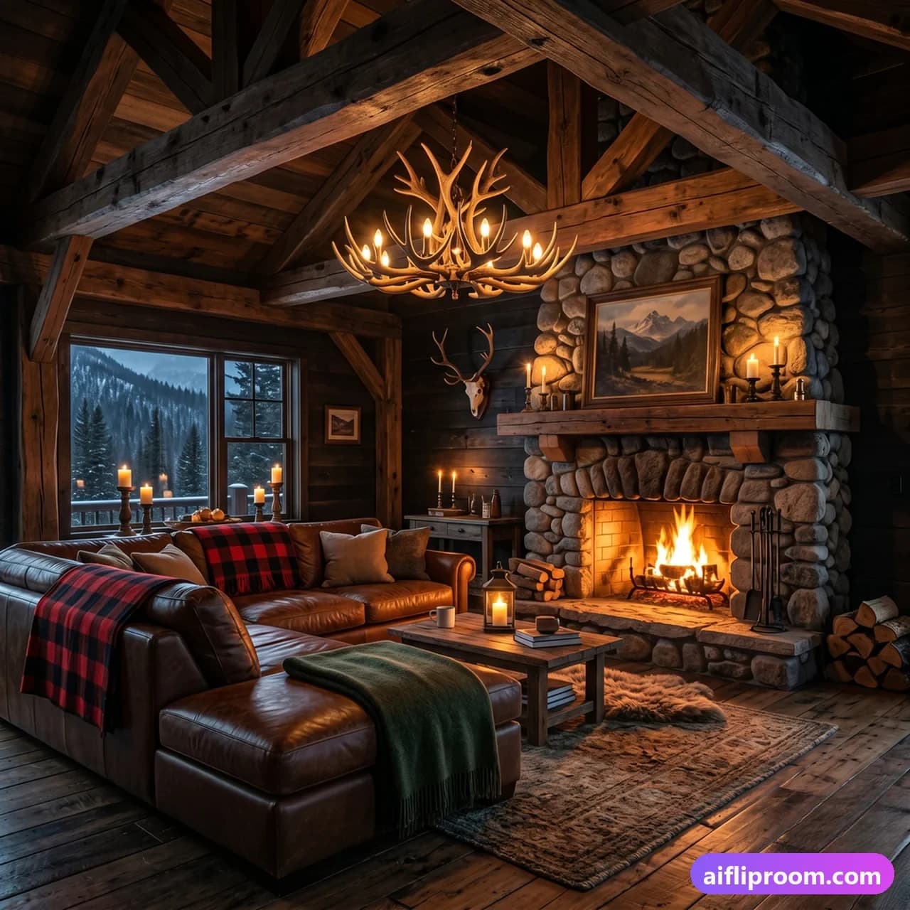 Rustic interior design — wood beams and stone walls, AI-generated cabin-style room
