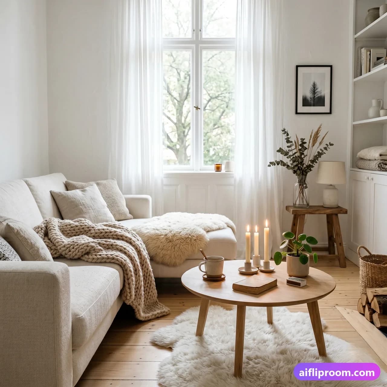 Scandinavian Scandinavian interior design — light wood, white walls, hygge atmosphere, AI-generated room