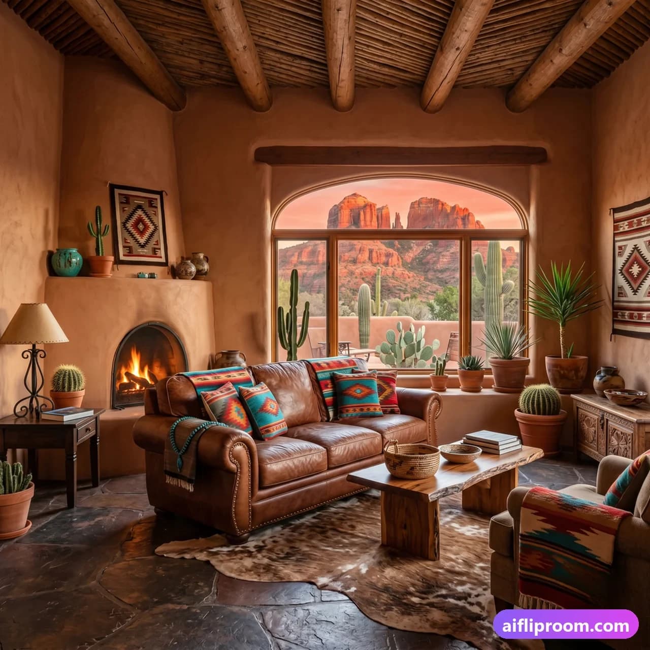 Southwestern interior design — adobe walls and Navajo patterns, AI-generated desert-style room