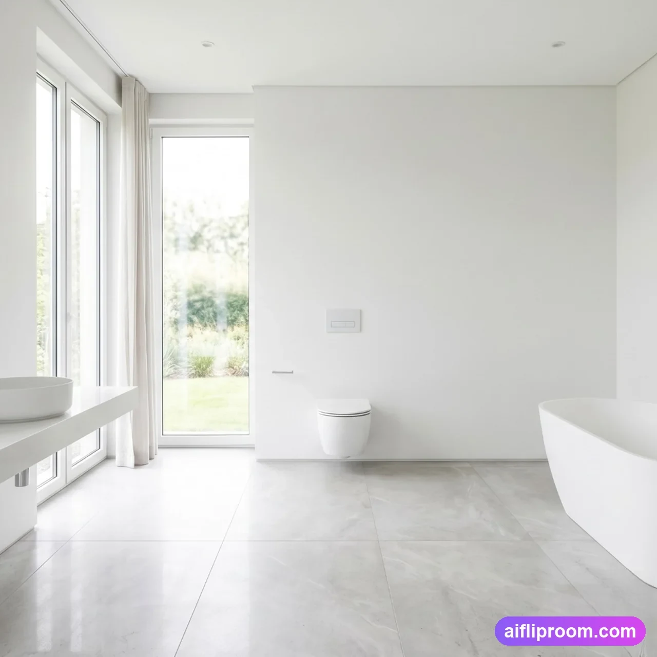 Spa Bath Spa bath interior design — minimalist white bathroom with freestanding tub, AI-generated room visualization