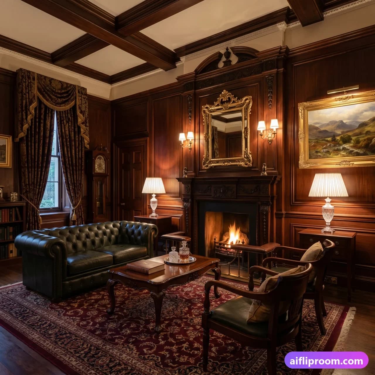 Traditional interior design — classic furniture and rich colors, AI-generated elegant room