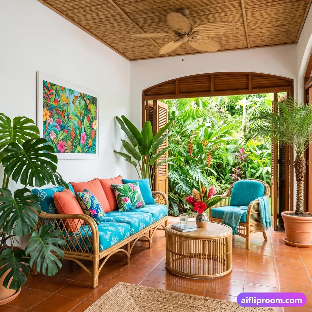 Tropical interior design — lush plants and rattan furniture, AI-generated resort-style room