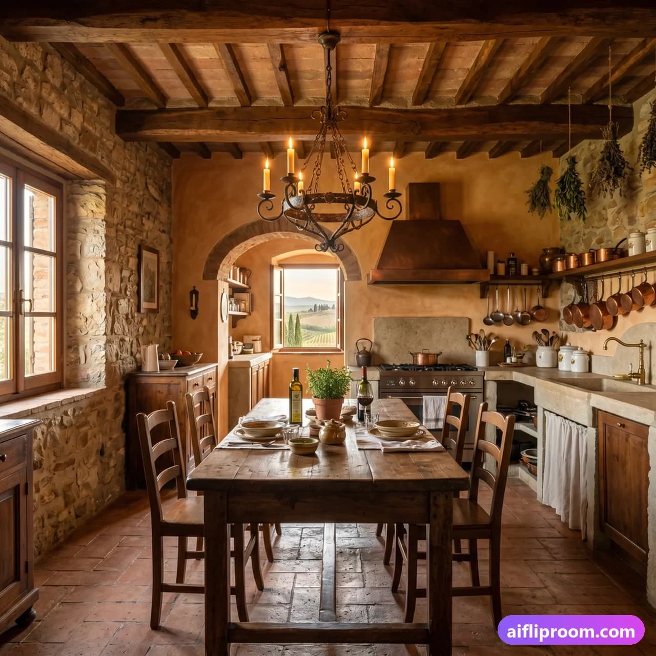 Tuscan Italian interior design — stone walls and ochre tones, AI-generated villa kitchen