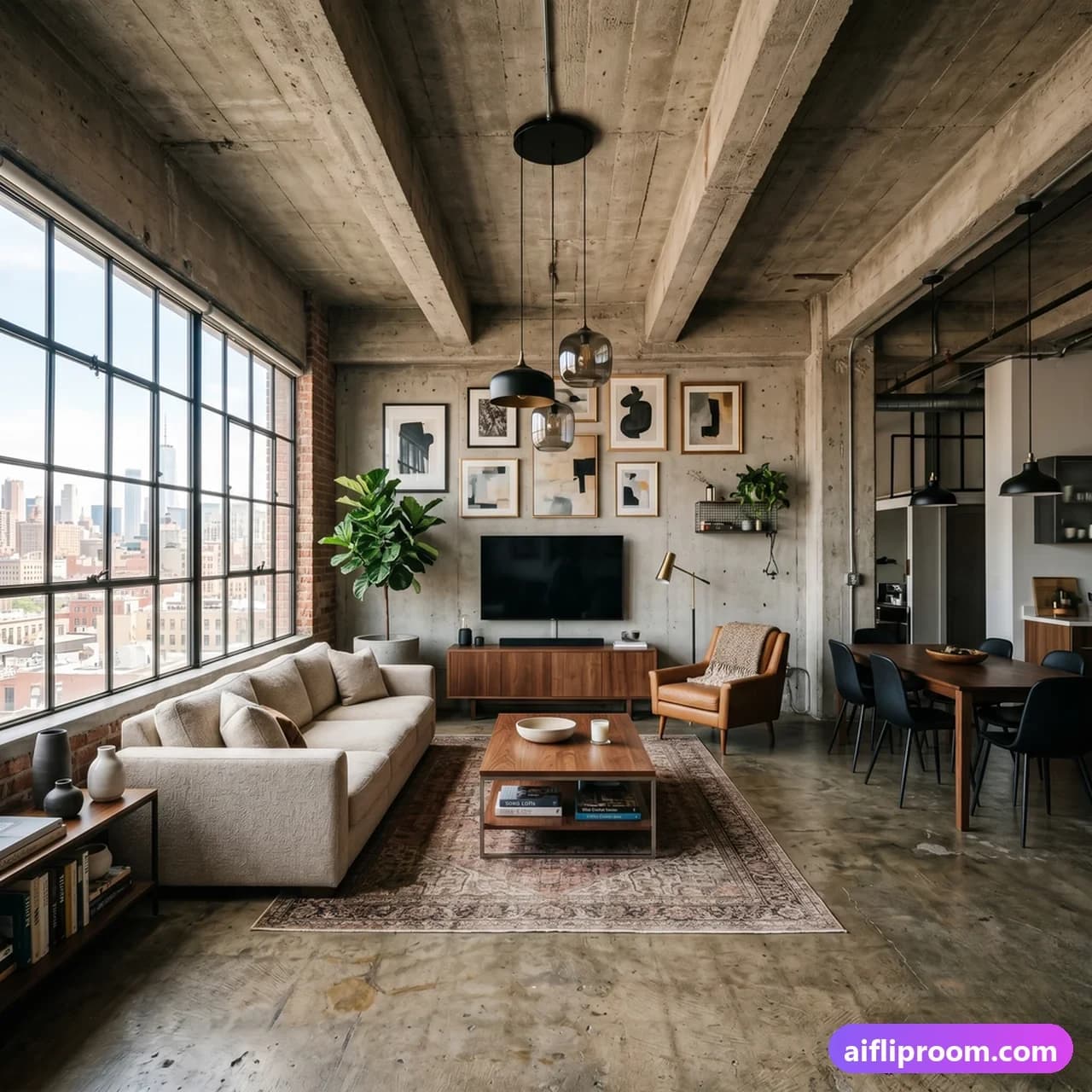 Urban loft interior design — SoHo factory windows and concrete, AI-generated city loft
